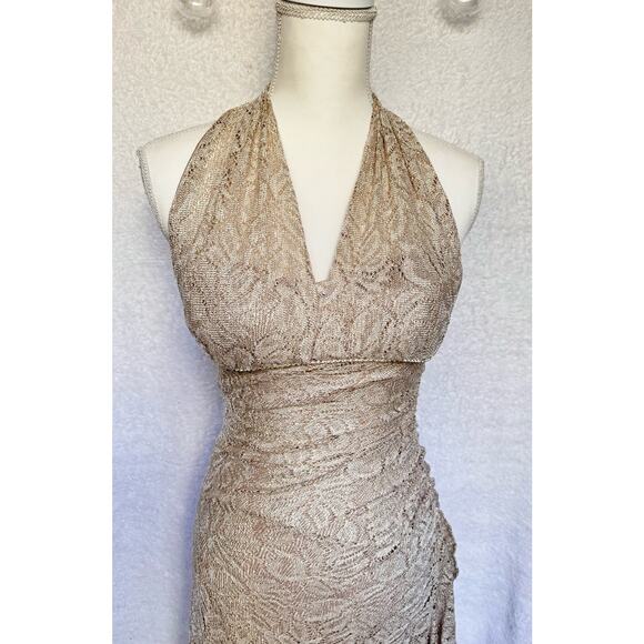 Vintage 90's Cach'e Gold Sparkly Halter Side Ruffle Maxi Dress Women's Small 4 - Picture 2 of 13